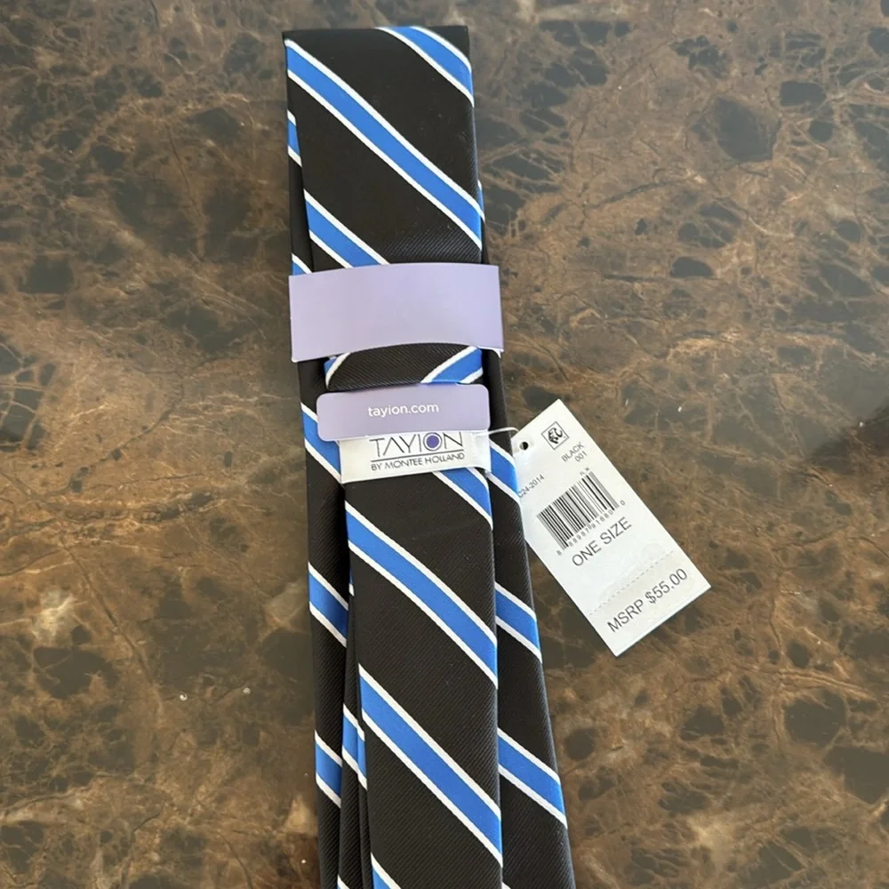 New! Tayion Black and Blue Striped Men's Tie